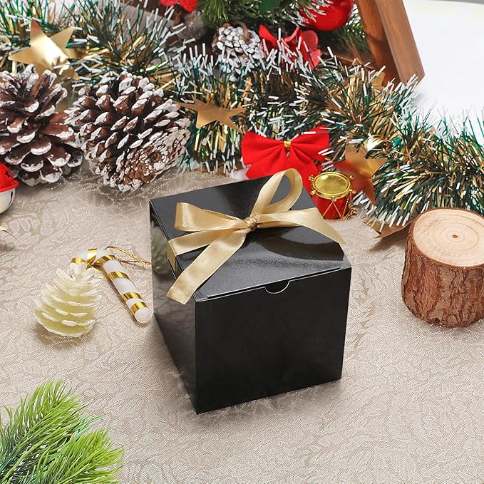 DOYIDE 60 Pcs Small Gift Boxes, 3x3x3 inches Kraft Paper Gift Box with Ribbons, Black Candy Boxes for Christmas Wedding Favors Baby Shower Bridal Shower Birthday Party