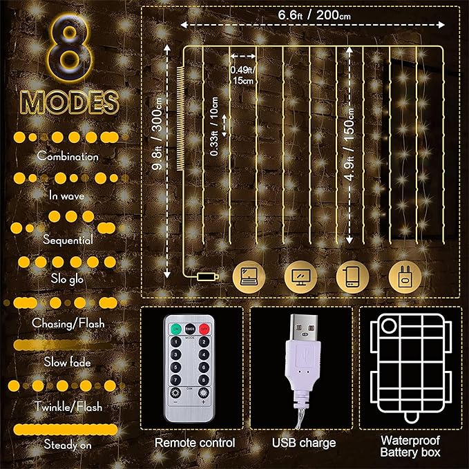 Meonum Curtain Tapestry Backdrop String Lights, Each 13 Strings 6.6 x 5 ft Tapestry Fairy String Light, 8 Modes Window Wall Hanging Light Strings for Bedroom Christmas Curtain Decor(2 Pack)
