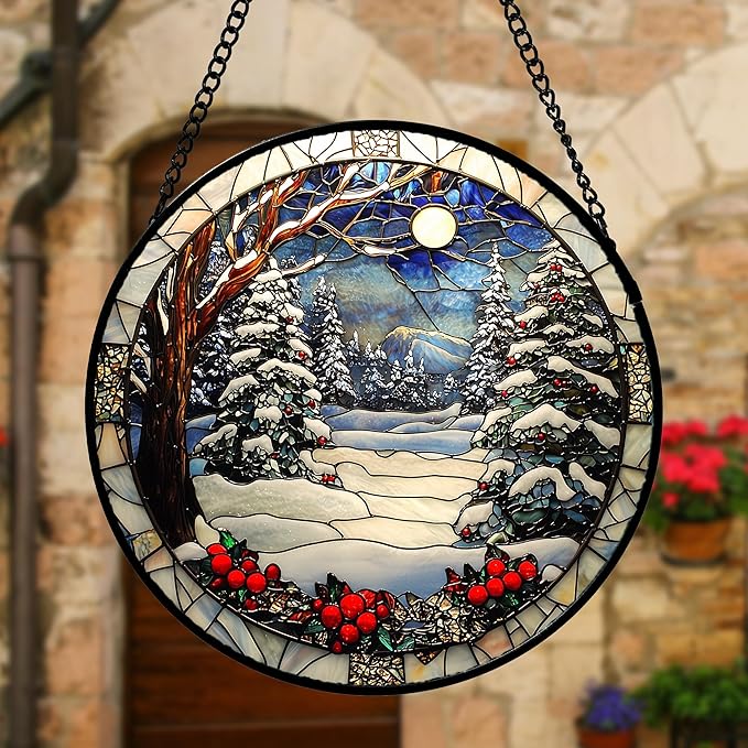 Stained Glass Window Hanging Christmas Tree Winter Snow Night Scenery 7.8" - Suncatcher Door Garden Kitchen Sun Catcher Home Decor Birthday for Mom Men Woman Friend