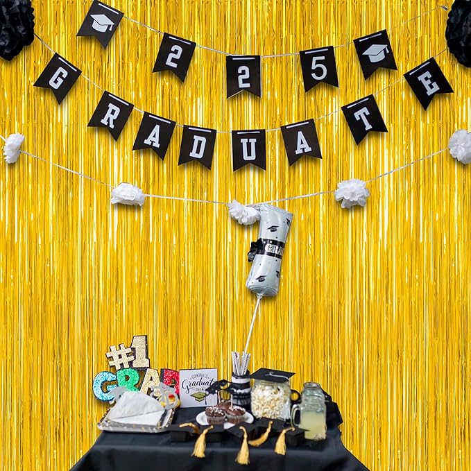 4 Pack 2025 Graduation Party Decorations, 3.28 x 7.05 Feet Gold Grad Curtains, Metallic Gold Backdrop Curtain Class of 2025 Backdrop Party Streamer, Congrad Backdrop Grad Decor 2025