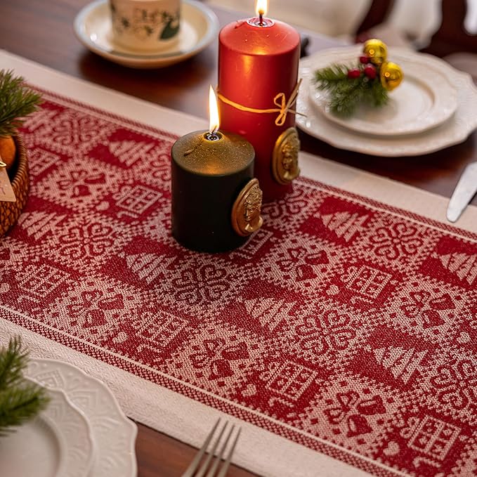 Table Runners 83 Inches,Christmas Tree Table Runner with Tassel Fringe,Gift Table Runner for Party，Coffee Table, Festival