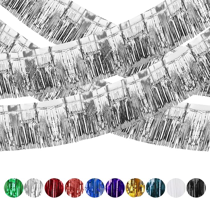 4 Pack Iridescent Fringe Curtains, Metallic Foil Fringe Garland Wall Hanging Drapes Tassel Foil Float for Parade Trailer, Birthday Holiday Outdoor/Indoor Party Decoration (Silver)