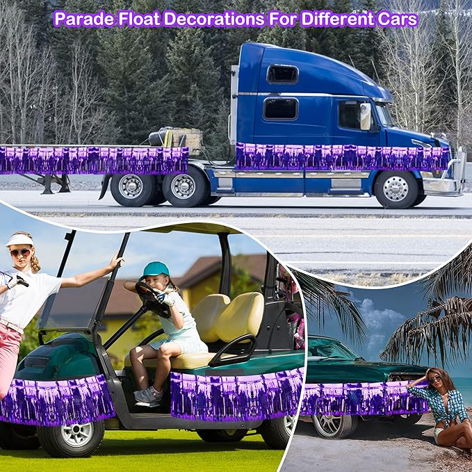 4 Pack Iridescent Fringe Float Curtain, Metallic Foil Fringe Garland Wall Hanging Drapes Tassel Foil Float for Parade Float Trailer, Birthday Holiday Outdoor/Indoor Party Decoration (Purple)