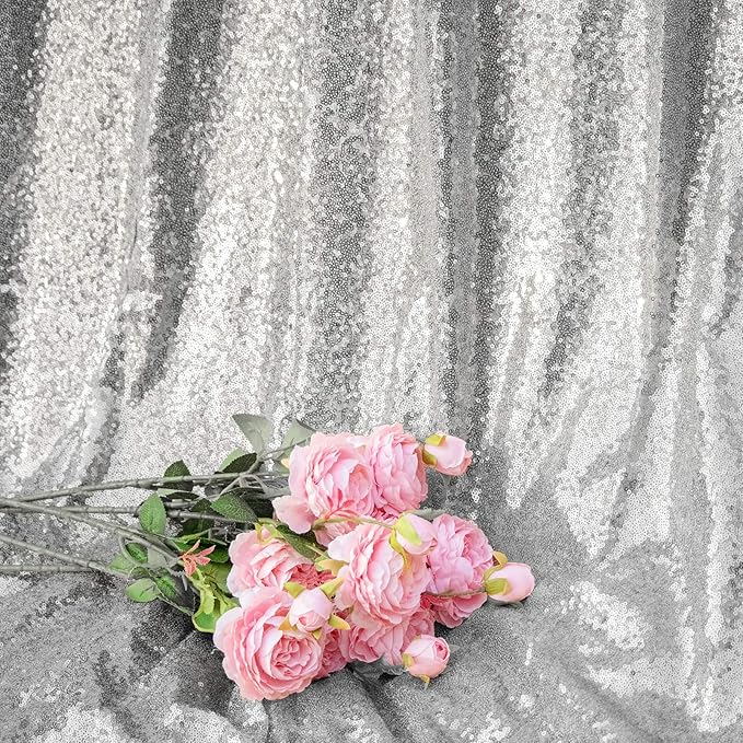 JYFLZQ Silver Sequin Backdrop Curtains 4ft x 8ft 2 Panel Glitter Photo Booth Backdrops Sparkly Photography Background Drapes for Parties Wedding Bridal Showers