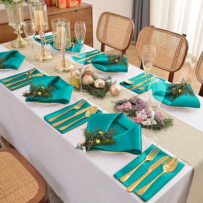 50 Pieces Teal Satin Napkins, 17" x 17" Square Table Napkins, Silky Soft Smooth Washable Napkins for Restaurant, Weddings, Dinner, Party Decoration