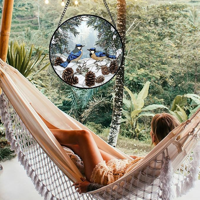 Stained Glass Window Hanging - Blue Bird Winter Forest Landscape Suncatcher for Door Garden Yard Sun Catchers Decor Christmas Mother's Day Birthday Gifts for Women Mom Nana Friend 7.8 in