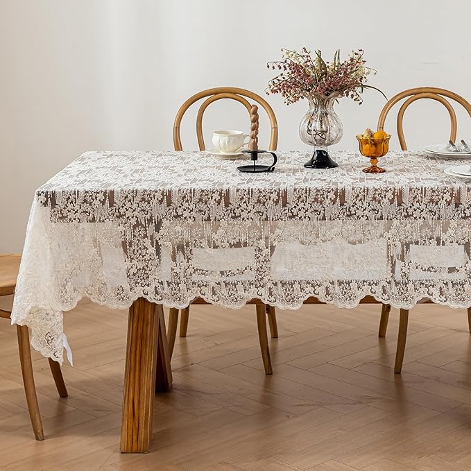 Lace Embroidered Tablecloth. Rectangle Lace Vintage Tablecloth Dustproof Table Protector for Kitchen Dining Room Party Banquet Home Picnic Wedding Decoration (Creamy White 78.5×53 inch)