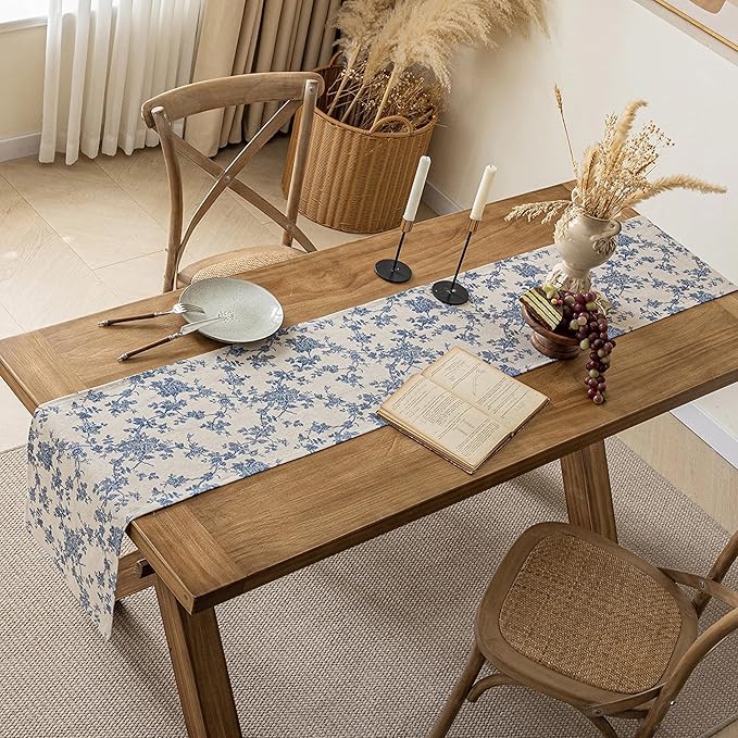 Pastoral Table Runner - 14 x 36 Inch Rectangle - Beige Linen - Washable Tabletop with Dust-Proof Wrinkle Resistant for Restaurant, Picnic, Indoor and Outdoor Dining, Floral (Dark Blue)