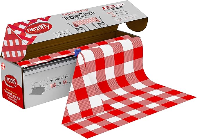 Disposable Tablecover Roll, Red Gingham Plastic, 54 in x 108 ft