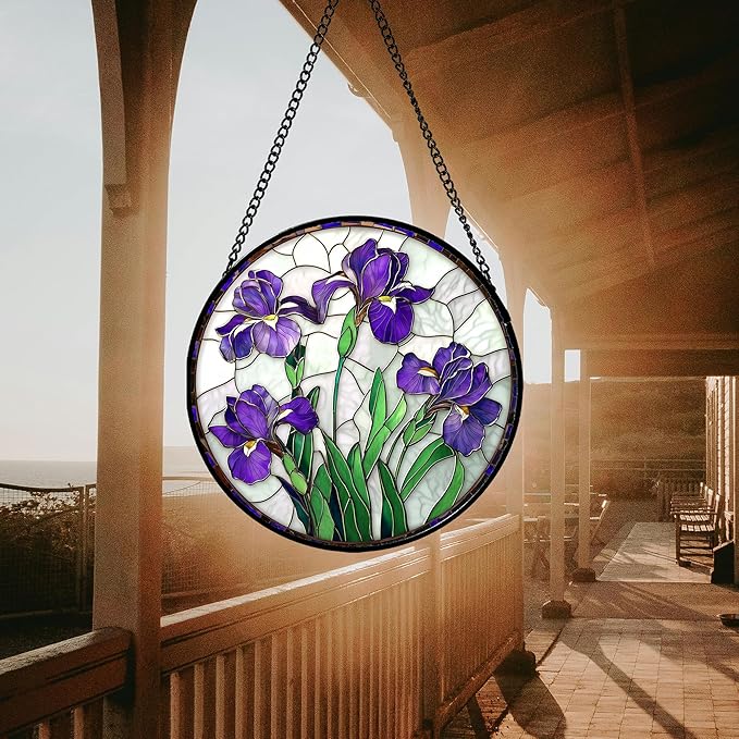 Stained Glass Window Hanging - Purple Iris Flower Sun Catcher for Door Terrace Garden Home Decor, Green Plants Suncatcher Birthday Gifts for Lovers Women Men Dad Mom Nana 11.8 in