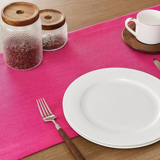 ZeeMart Linen Textured Border Table Runner, 14 x 72 Inch Hot Pink, Farmhouse Style Pink Table Runners 72 Inches Long, Easy Care Everyday Polyester Table Runner