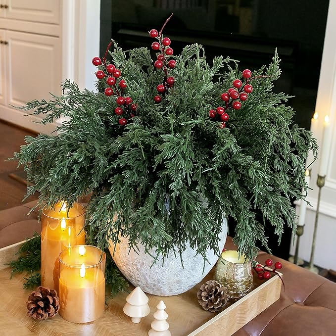 Artificial Norfolk Pine Branches Set, 12 Cedar Stems and 3 Red Berry Stems