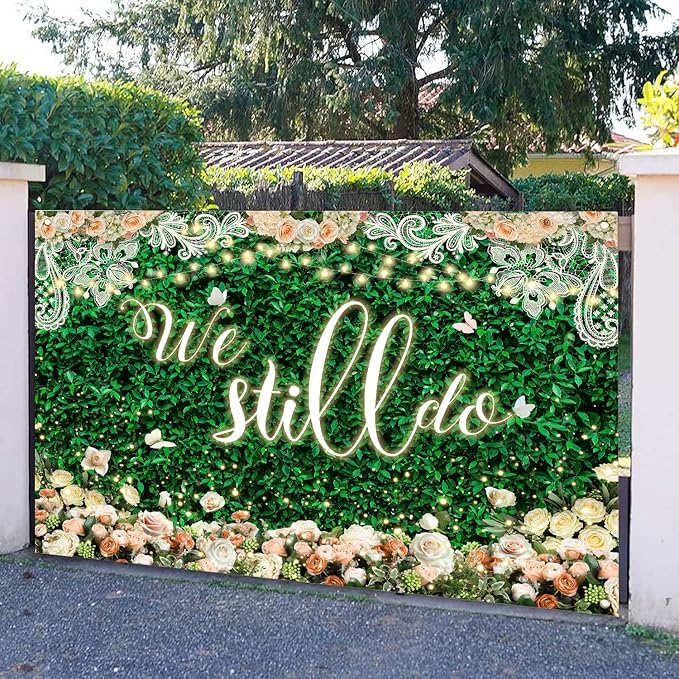 We Still Do Backdrop Green Leaves Lace Wedding Anniversary Photography Background Engagement Vow Renewal Bachelorette Party Decoration Banner Photo Booth Studio Props 9x6ft FU064YL