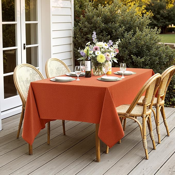 MIULEE Fall Tablecloth Burnt Orange Linen Cottton Table Cloth Rectangle Waterproof Spillproof Cross-Star Textured Decorative Farmhouse Style for Dining Party Weddings 52x70 Inch