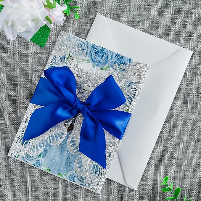 20 PCS 5.12x7.2 Butterfly Personalized Quinceanera Invitation, Customized XV Anos Laser Cut Invitation Cards with Envelopes (Silver Glitter Personalized)