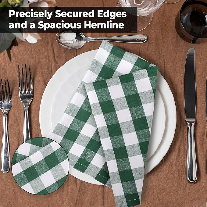 Cloth Dinner Napkins, Square 100% Cotton in Hunter and White Checkered