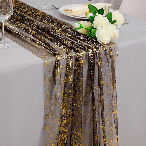 & Gold Cheesecloth Table Runner 10 FT, 6 Pcs – Black