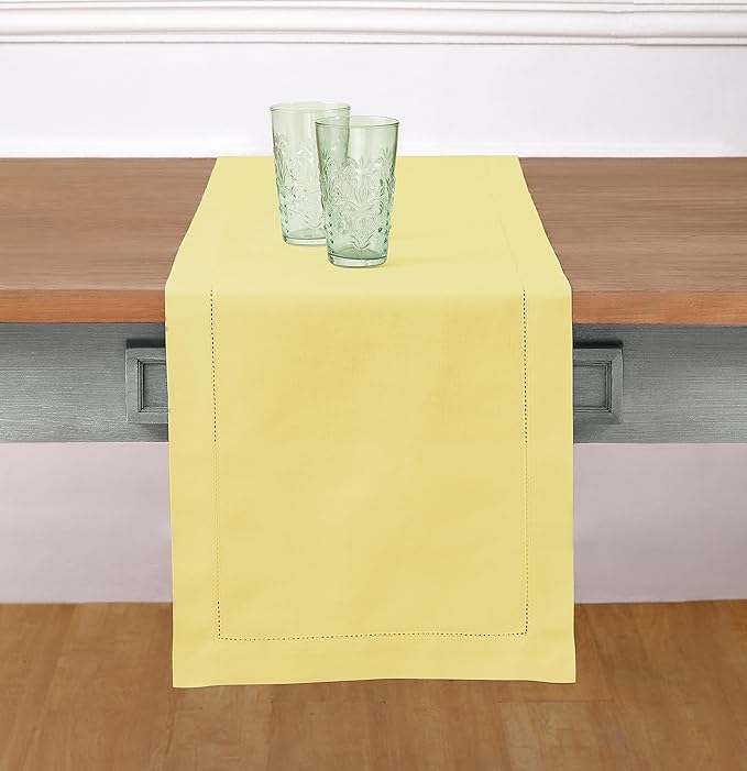 Solino Home Yellow Table Runner 90 Inches Long - Cotton Linen Hemstitch 14 x 90 Inch Table Runner for Dining