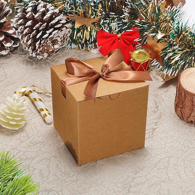DOYIDE 20 Pack Small Gift Boxes, 6x6x6 Inch Brown Elegant Paper Boxes with Ribbons, Christmas Gift Box Crafting, Wedding Party Favor, Cupcake, Candy, Bridesmaids Proposal Box