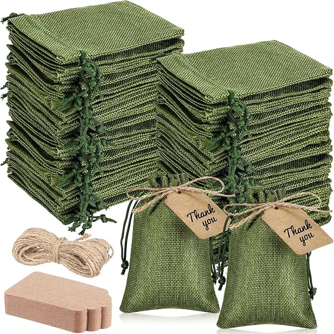 Gift Bags - Army Green Burlap Drawstring Favor Bags, 100 Count