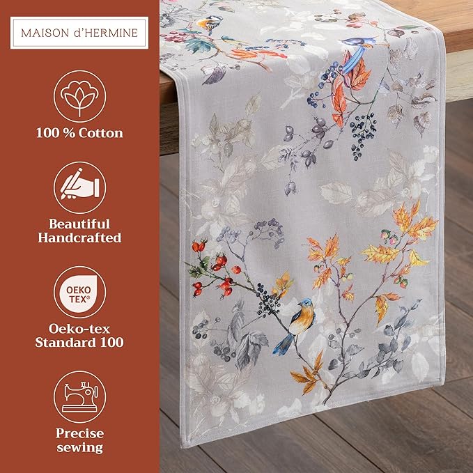 Maison d' Hermine Table Runner 100% Cotton Double Layer Table Runners 108 inches Long for Thanksgiving Christmas Decorations Home Kitchen Dining Party Wedding (Equinoxe - Grey, 14.5" x 108")