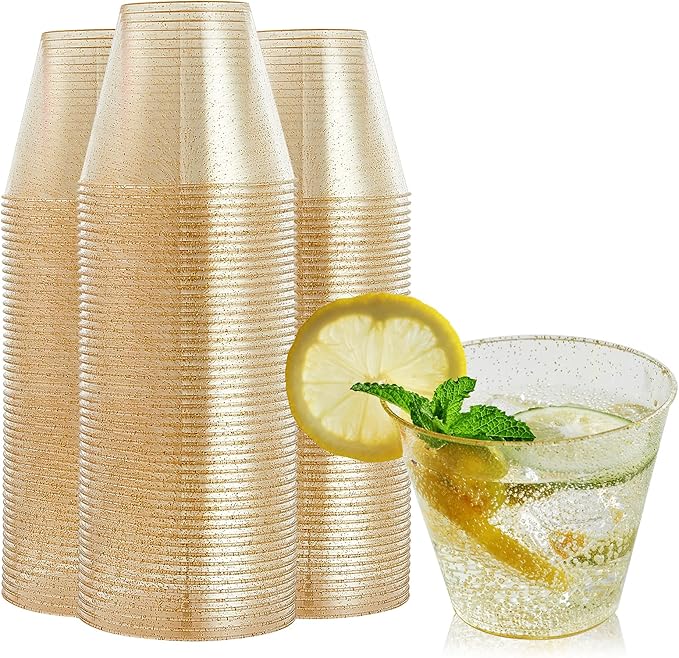 Disposable Party Cups, 9 oz Gold Glitter, 100 Pack