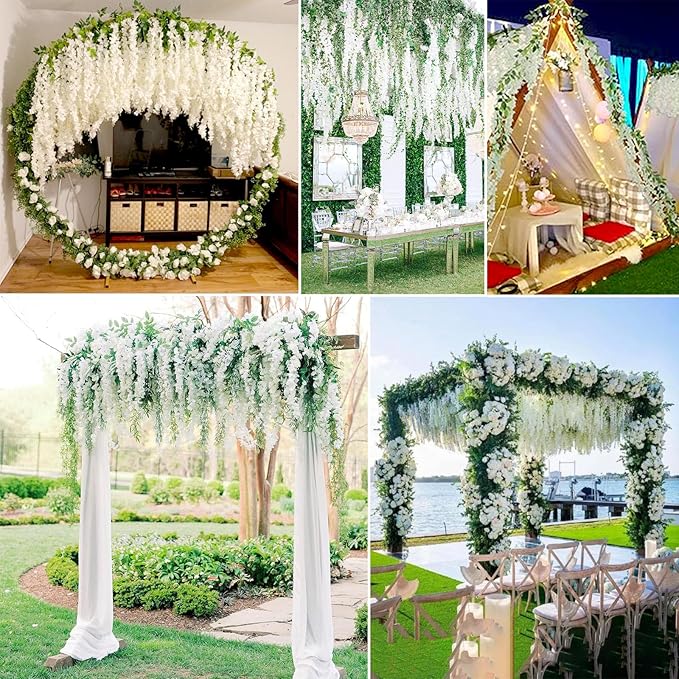12 Pack White Wisteria Hanging Flowers Garland with Lights, 3.44 Feet Artificial Flower Vines, Fake Wisteria, Artificial Vines Hanging Garland for Backdrop Outdoor Patio Garden Decor