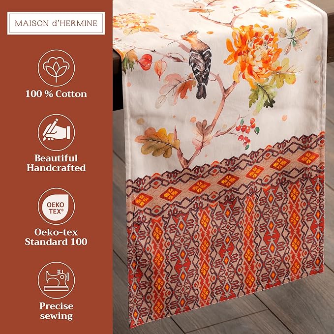 Maison d' Hermine Table Runner 100% Cotton Double Layer Table Runners 108 inches Long for Thanksgiving Christmas Decorations Home Kitchen Dining Party Wedding (Kelim - Prairie, 14.5" x 108")