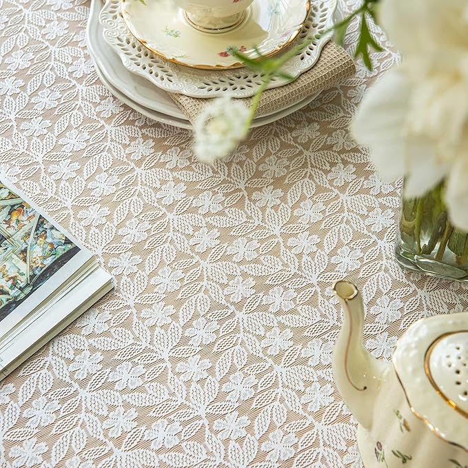 Lace Tablecloth Leaf Pattern Warp Knitting Fabric Solid White Rectangle/Oblong Table Cover for Kitchen Dining Farmhouse Wedding Party Decor Ivory, 55x120 Inch