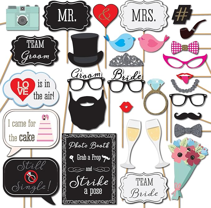 Paper Wedding Photobooth Props, 30 Pieces with Real Glitter and 8x10 Sign