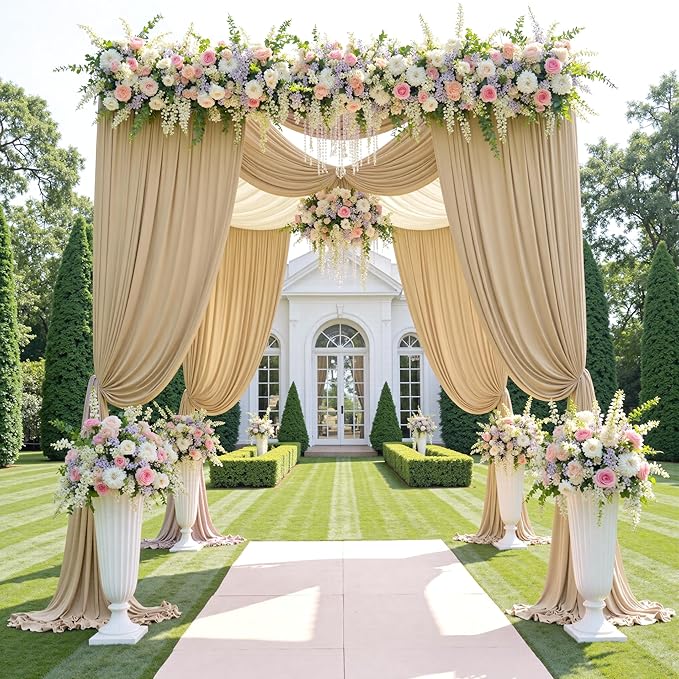 30ftx12ft Wrinkle Free Beige Backdrop Curtain, 6 Panels 12FT Height Beige Wedding Backdrop Drapes, Silky Polyester Back Drop Cloth for Birthday Photography Background Party Backdrop Draping