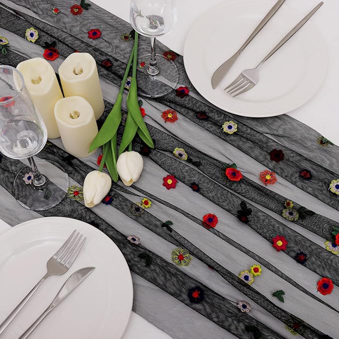 BINBE 3pcs Black Daisy Fall Table Runner Embroidery Gauze 10FT Florals Seasonal Tulle Holiday Birthday Kitchen Dining Table Decor for Home Party