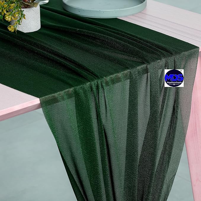 MDS 2 Pack 14ft Chiffon Table Runner 29 x 170 Inches Sheer Wedding Runner Romantic Rustic Table Runner for Wedding Decorations, Birthday Parties, Bridal Shower Party Arch Decor - Hunter Green