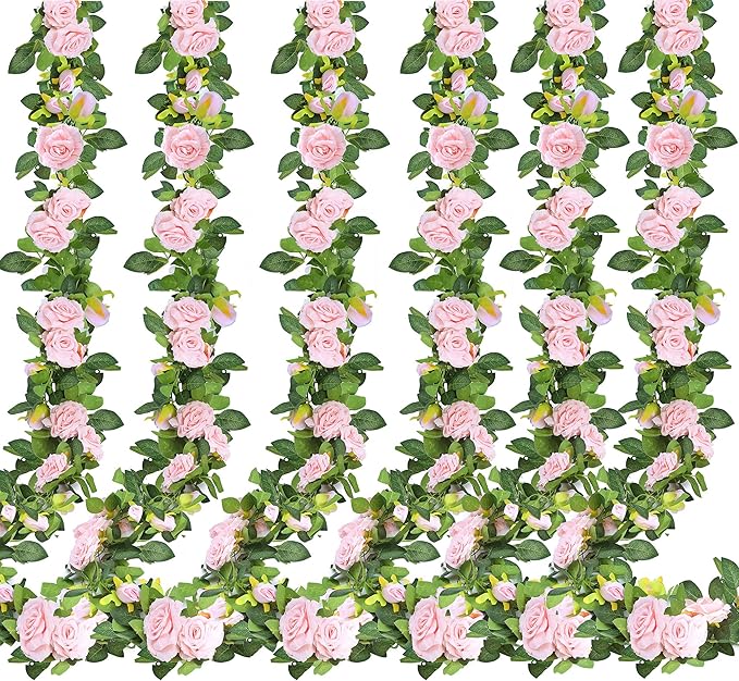 Pink Artificial Rose Vine Garland, 6 Pack, 7.75 Ft Silk Flowers