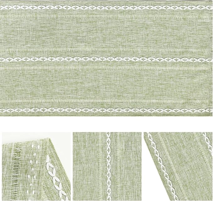 Artoid Mode Sage Green Rustic Cotton Linen Table Runner, Seasonal Embroidered Hollow Kitchen Dining Table Decoration for Home Party Decor 13x72 Inch