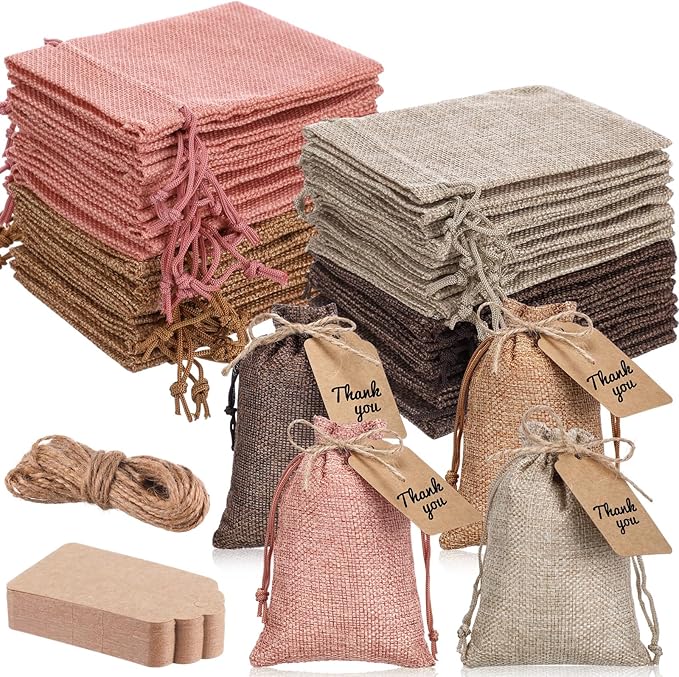 Gift Bags: 100 Burlap Drawstring Bags with Kraft Tags and Rope