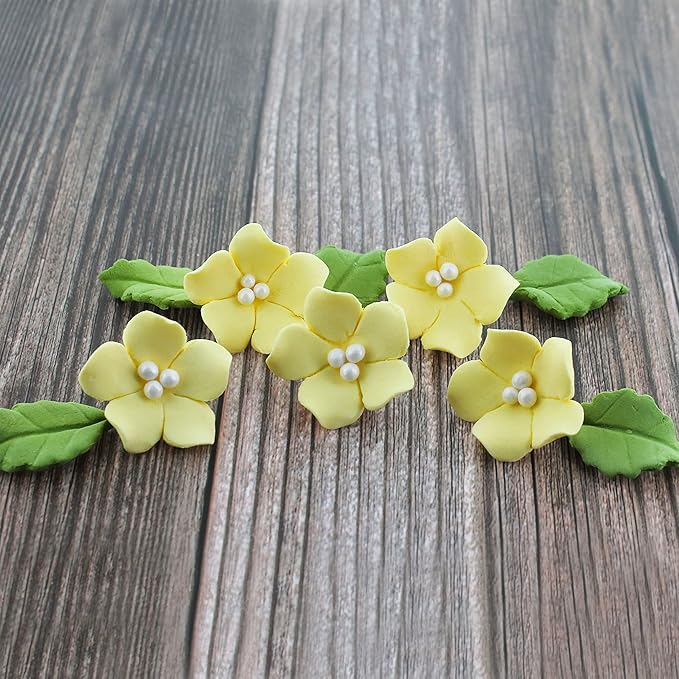 Edible Cake Toppers: Small Yellow Gumpaste Flowers and Leaves, 24 Count