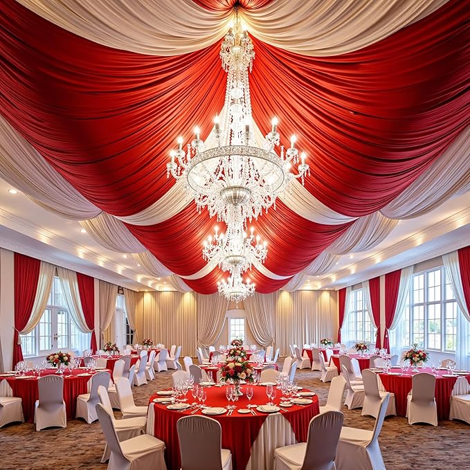 30ft x 15ft Red Wrinkle Free Backdrop Curtains for Parties,Silky Polyester Fabric Wedding Ceiling Drapes, 6 Panels 15ft Photo Back Drop Drapes for Baby Shower Photography Stage Background Cloth