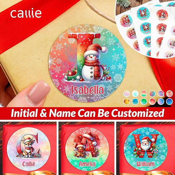callie Personalized Christmas Stickers - Custom Name & Initial, 1.97 Inch Cute Elk Santa Penguin Design Merry Christmas Stickers Labels for Envelopes Seals Crafts Cards Gifts (30PCS)