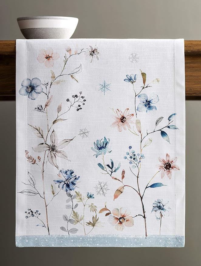 Maison d' Hermine Table Runner 100% Cotton Single Layer Table Runners 48 inches Long for Thanksgiving Christmas Decorations Home Kitchen Dining Party Wedding (Ice Florals, 14.5" x 48")