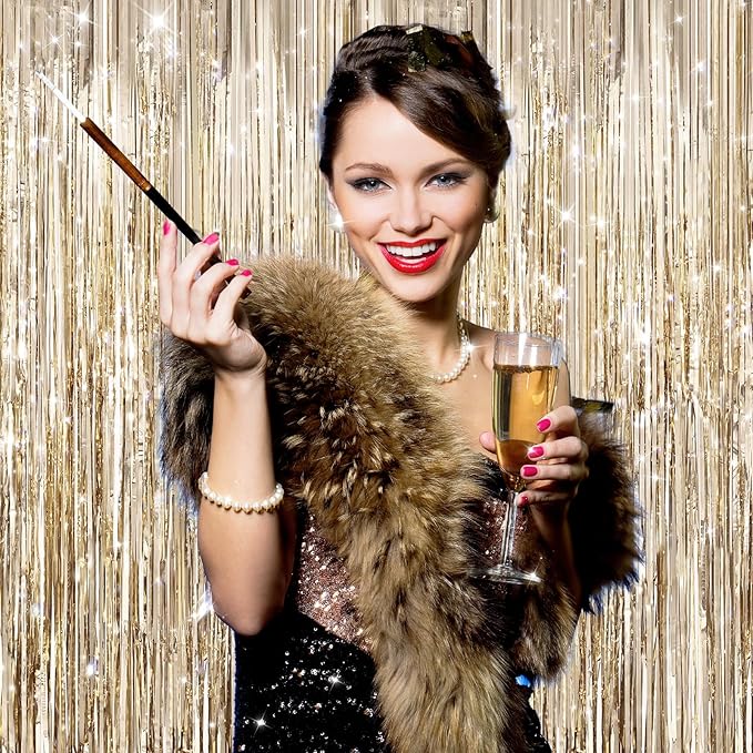 2Pack Champagne Gold Foil Fringe Backdrop Curtains, Tinsel Door Streamers, Fringe Backdrop for Graduation New Years Eve, Graduation, Birthday, Wedding, Baby Shower, Gender Reveal, Disco Party Decors