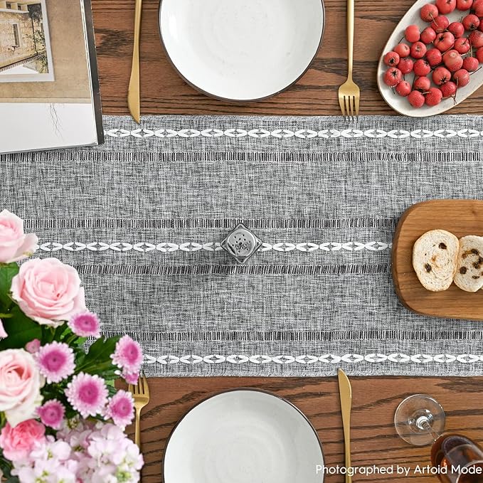 Artoid Mode Dark Grey Rustic Cotton Linen Table Runner, Seasonal Embroidered Hollow Kitchen Dining Table Decoration for Home Party Decor 13x60 Inch