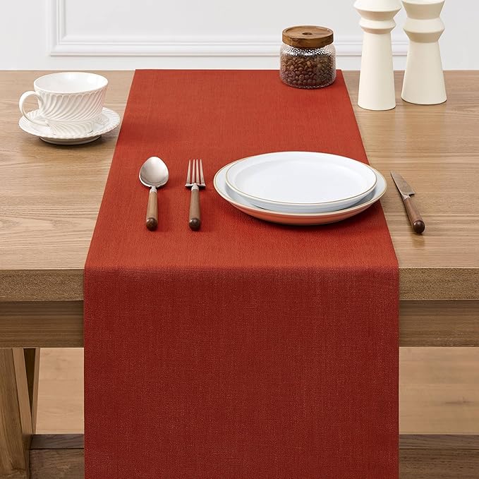ZeeMart Linen Textured Border Table Runner, 14 x 90 Inch Orange, Farmhouse Style Burnt Orange Fall Table Runners 90 Inches Long, Easy Care Everyday Polyester Table Runner