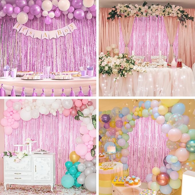 Crosize 4 Pack 3.3 x 9.9 ft Pink foil Fringe Curtains Party Decorations, Pink Tinsel Curtain Backdrop for Parties, Door Streamers, Glitter Streamer Fringe Backdrop for Birthday Decoration