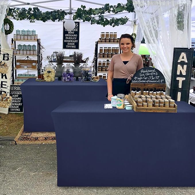 Nasitos Fitted Table Covers Stretch Spandex - 96 x 30 Inch - 2 Pack Navy Rectangle Table Clothes for 8 Foot Folding Tables, Fabric Tablecloths for Parties, Trade Show, Craft Show, Birthday