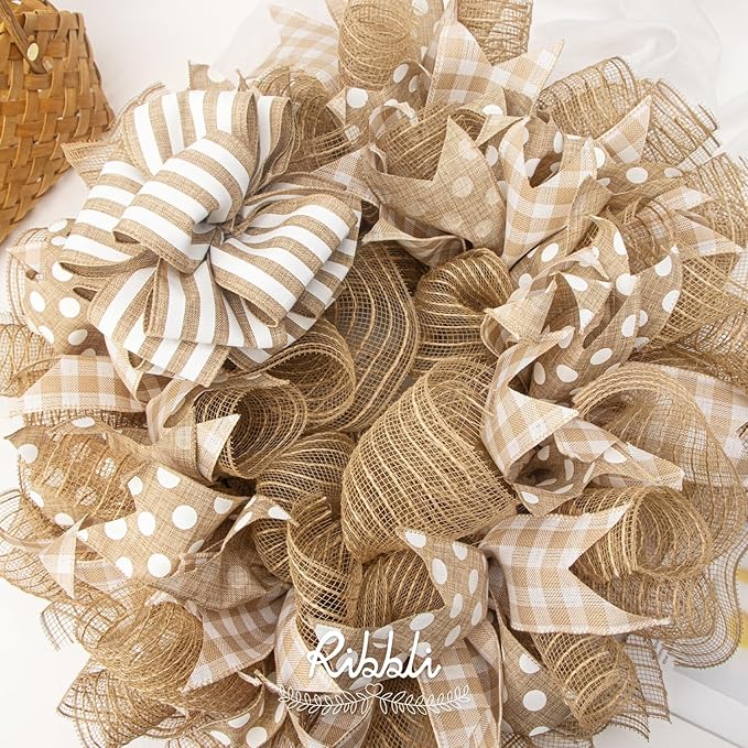 Ribbli 2 Rolls Burlap Mesh Ribbon,10 inch x 30 feet(10Yard) Each Roll,Natural with Jute,Use for Wreath Swags and Decorating