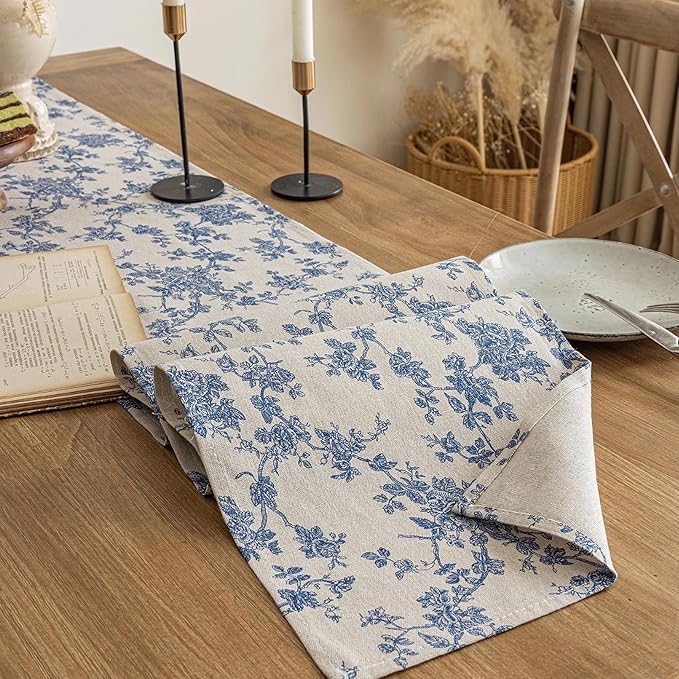 Pastoral Table Runner - 14 x 90 Inch Rectangle - Beige Linen - Washable Tabletop with Dust-Proof Wrinkle Resistant for Restaurant, Picnic, Indoor and Outdoor Dining, Floral (Dark Blue)