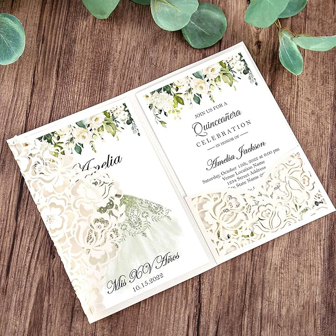 DORIS HOME 50pcs Laser Cut Quinceanera Invitations Green and Ivory White, 4.7x7.1 Personalized Quince Invitations for 15th Birthday, Invitation cards for Sweet 16 with Envelopes