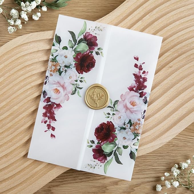 PONATIA 50 PCS Vellum Jackets for 5x7 Invitations- 135gsm Burgundy Floral Printed Vellum Sleeves, Quinceanera Wedding Invitation Cards Wraps