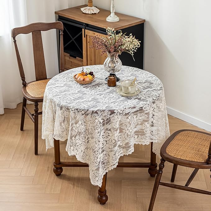 Lace Embroidered Tablecloth. Rectangle Lace Vintage Tablecloth Dustproof Table Protector for Kitchen Dining Room Party Banquet Home Picnic Wedding Decoration (Creamy White 90.5×53 inch)